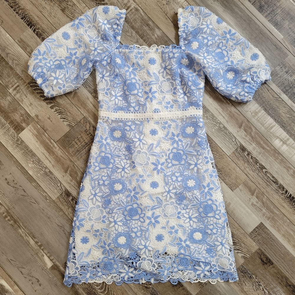 Shoshanna Airana White And Blue Lace Puff Sleeve Mini Dress Size 0 - Picture 2 of 7